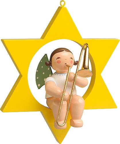 Engel mit Zugposaune, im Stern dunkles Haar