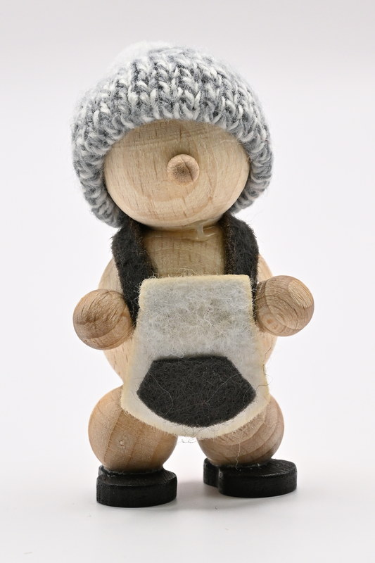 Bonhomme de neige naturel, debout, bonnet gris, tablier, H 6,5 cm