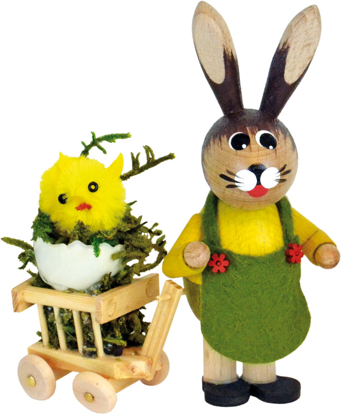 Osterhase, grün/gelb, mit Handwagen