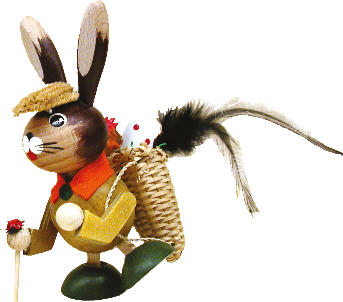 Wobbling rabbit, sand-coloured, with basket, cockerel and