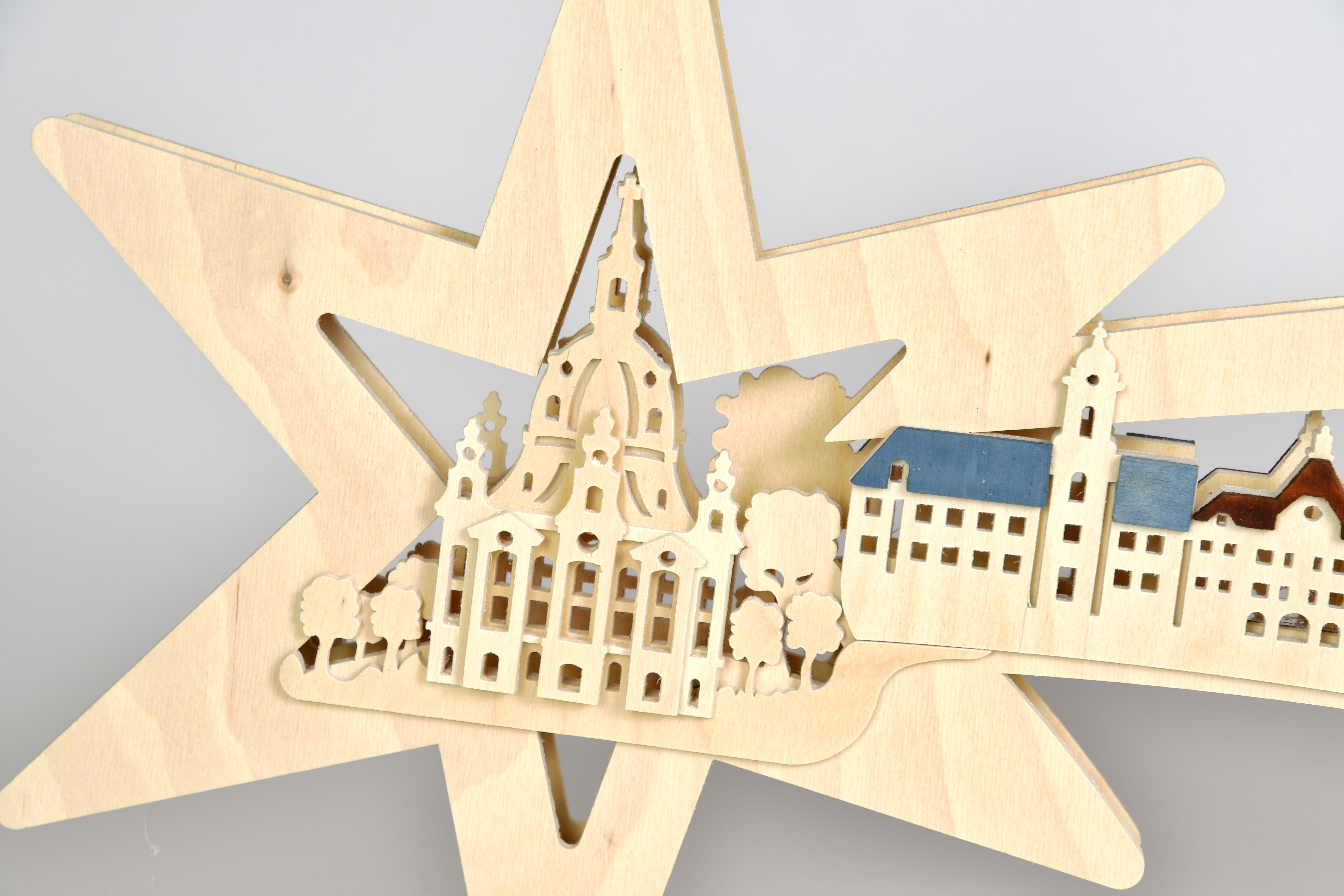 Window picture, illuminated, star trail, Dresden, coloured roofs