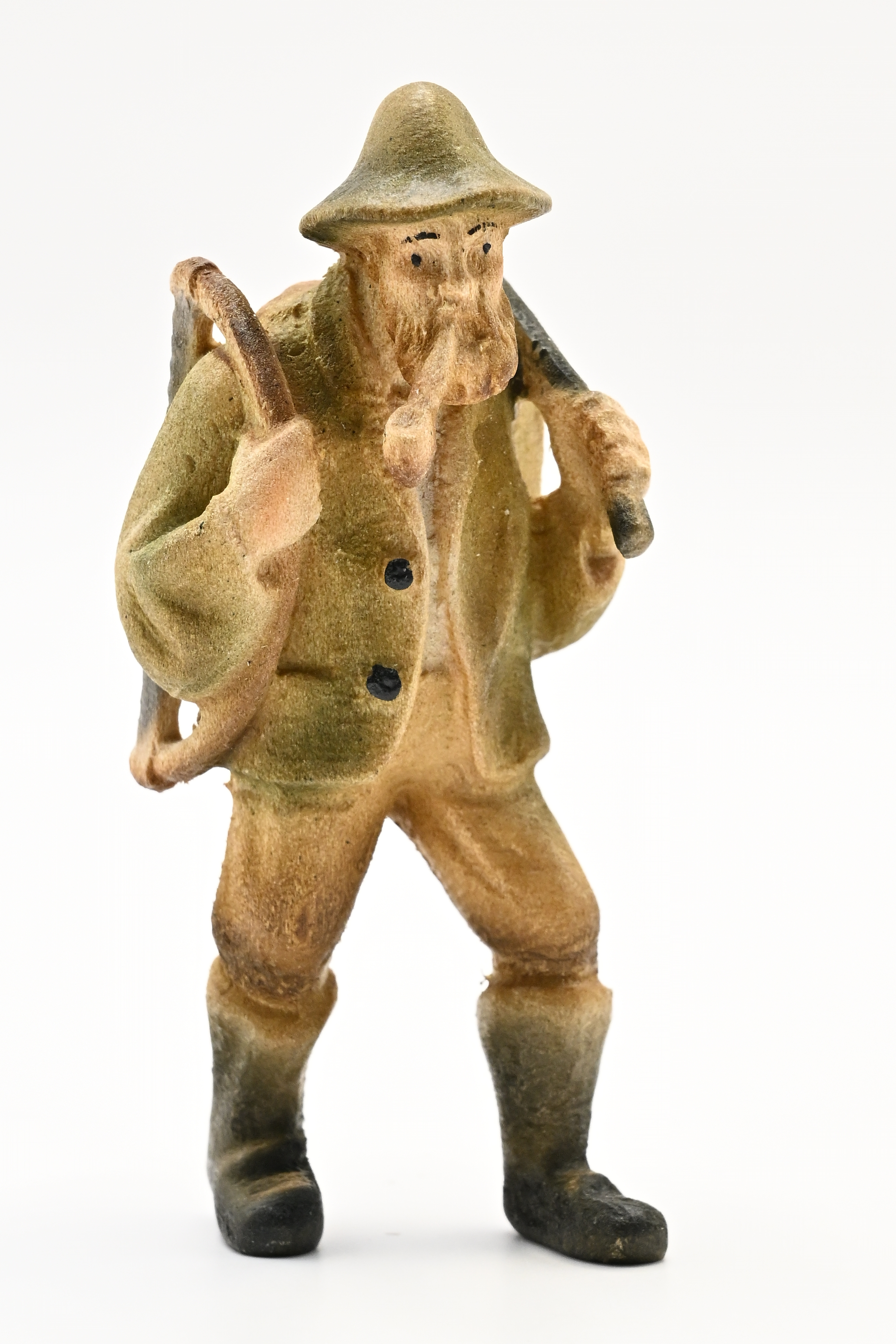 Skogsarbeider, tresag, øks, ryggsekk, ca. 65 mm