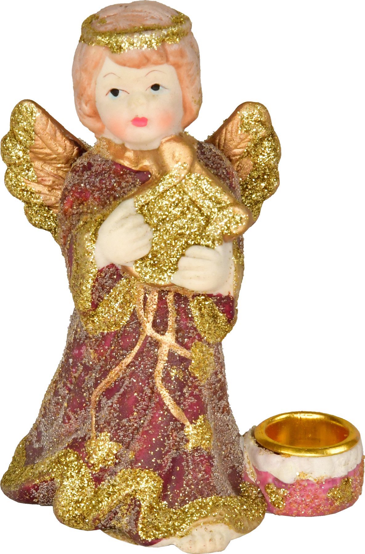 Ceramic angel, standing with lyre, with candle holder, wine red/gold, glitter