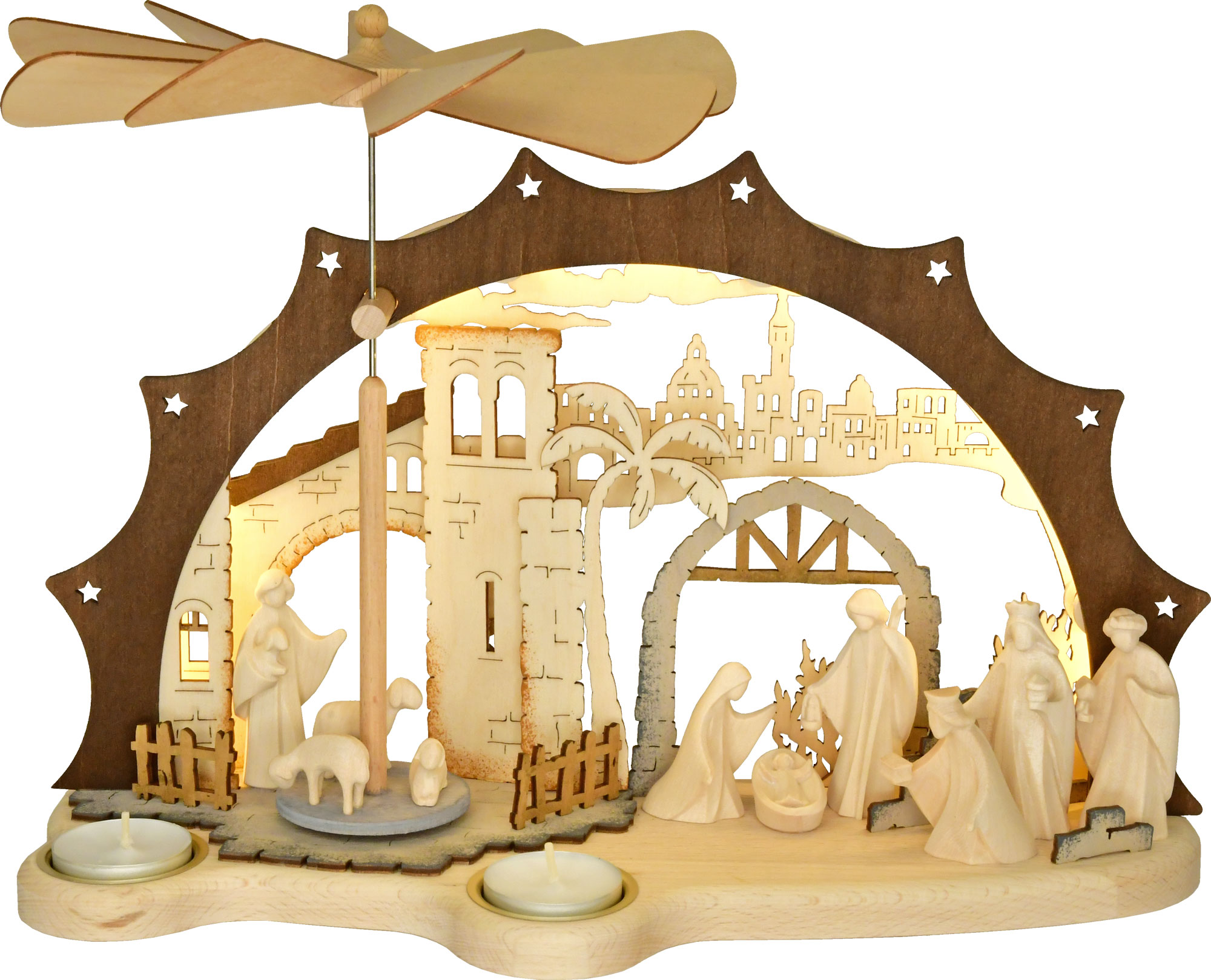 Small candle arch, Nativity scene, pyramid, Tyrolean figures, LED strip