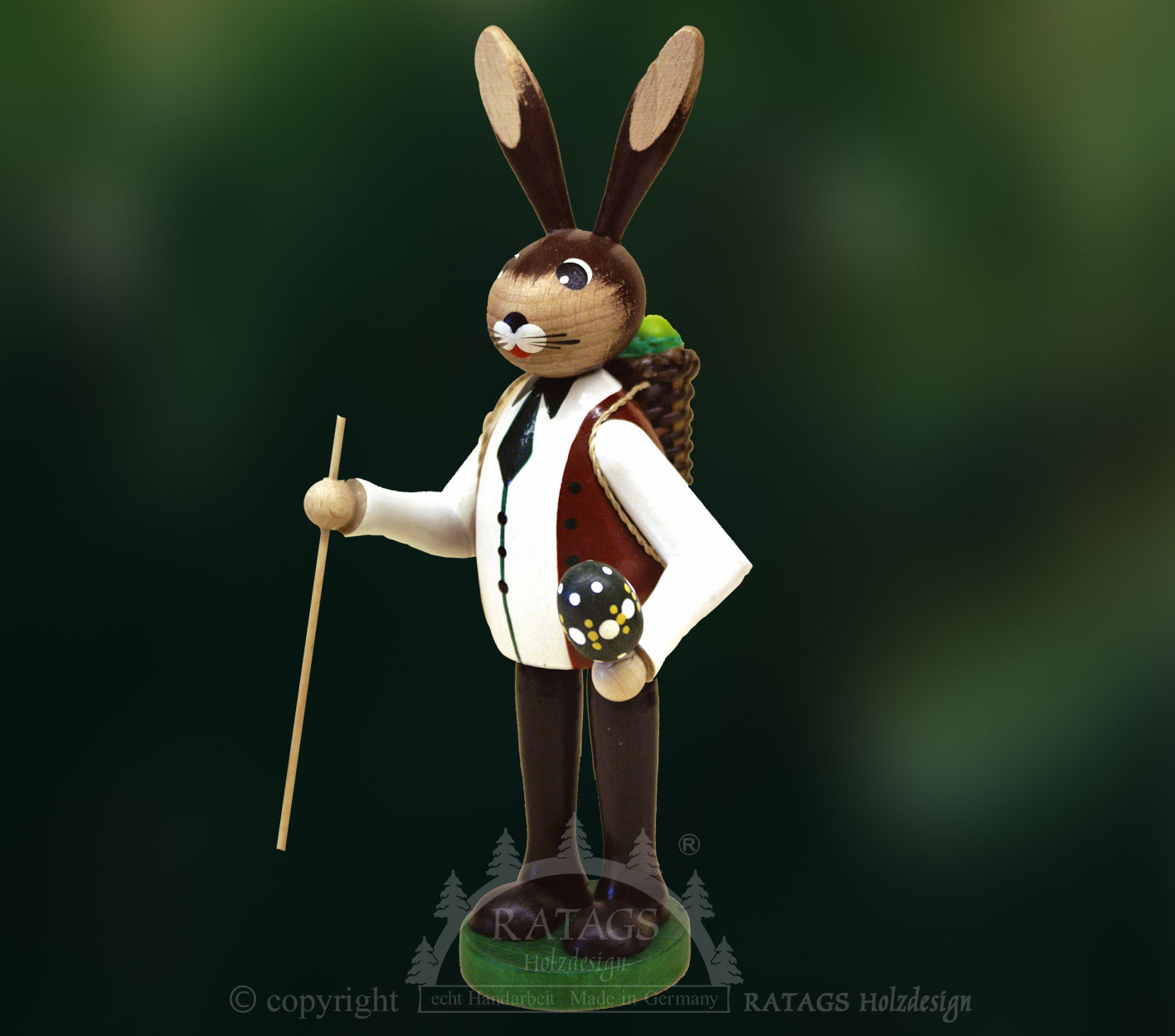 Osterhase mit Eierkiepe und Spazierstock