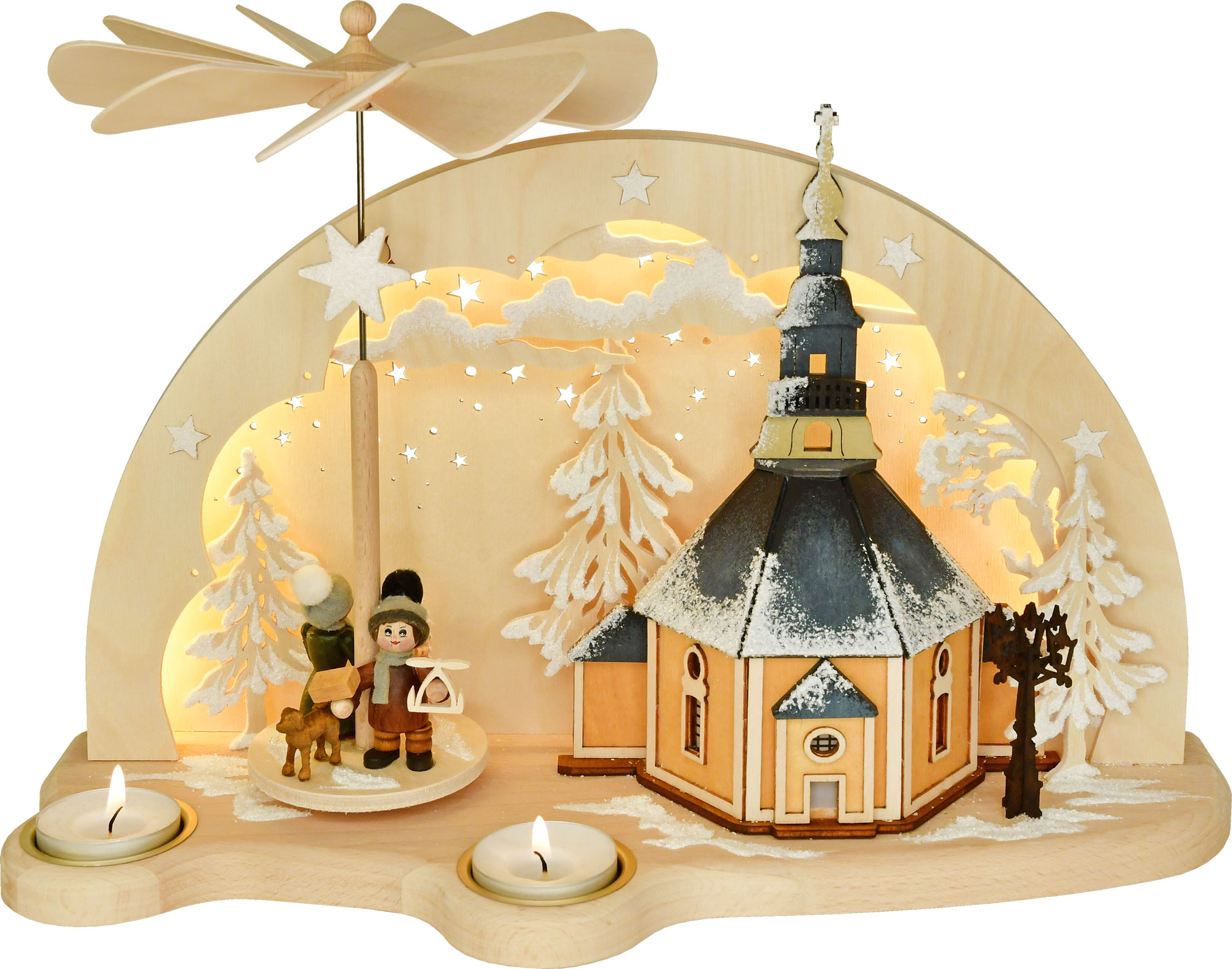 Schwibbogen-Pyramide, Bergkirche Seiffen Raureif, LED-Beleuchtung Schwibbogen-Pyramide, Bergkirche Seiffen Raureif, LED-Beleuchtung