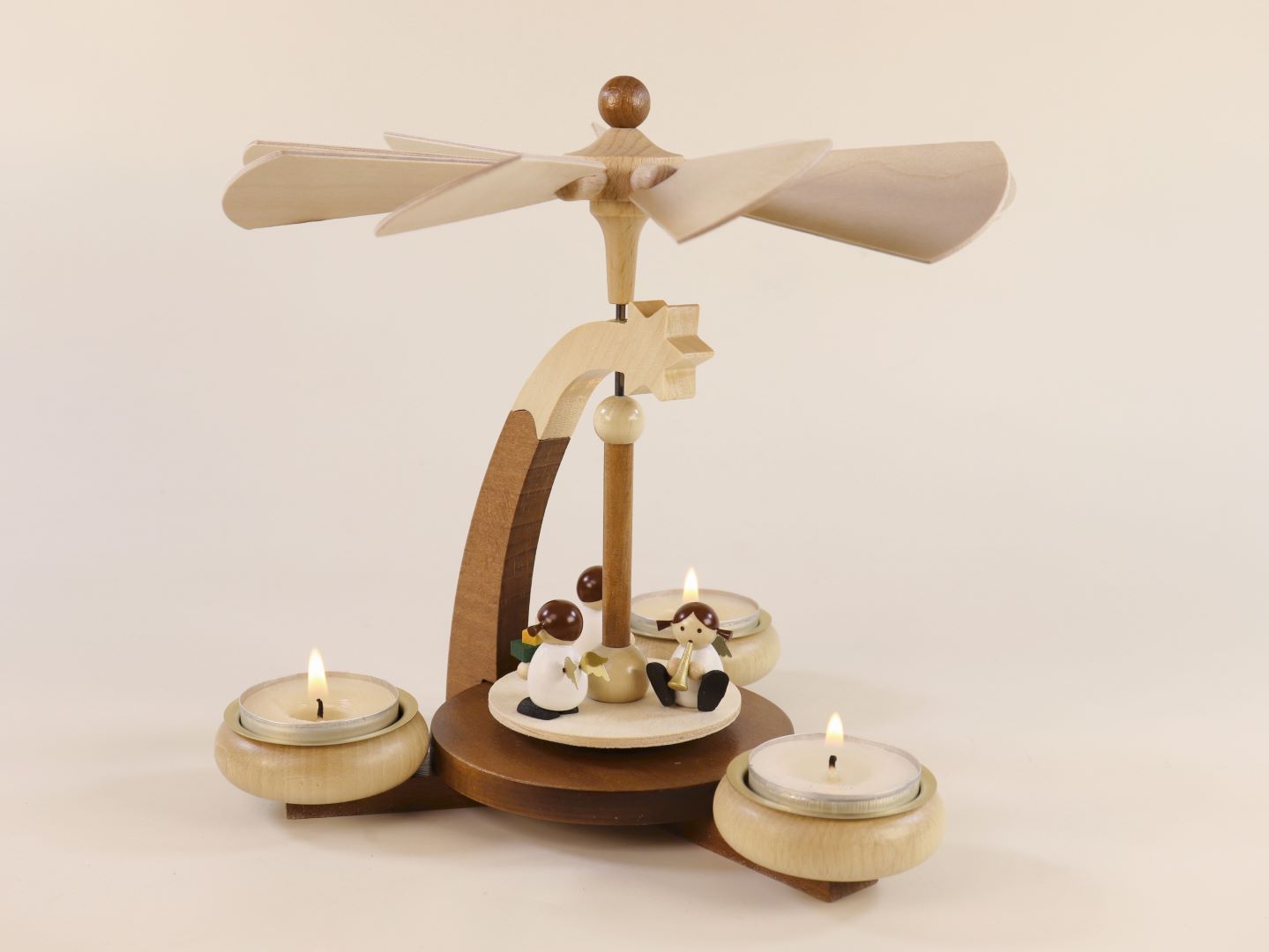 Designer tea light pyramid, brown/natural with white angel, for 3 tea lights, height 19 cm