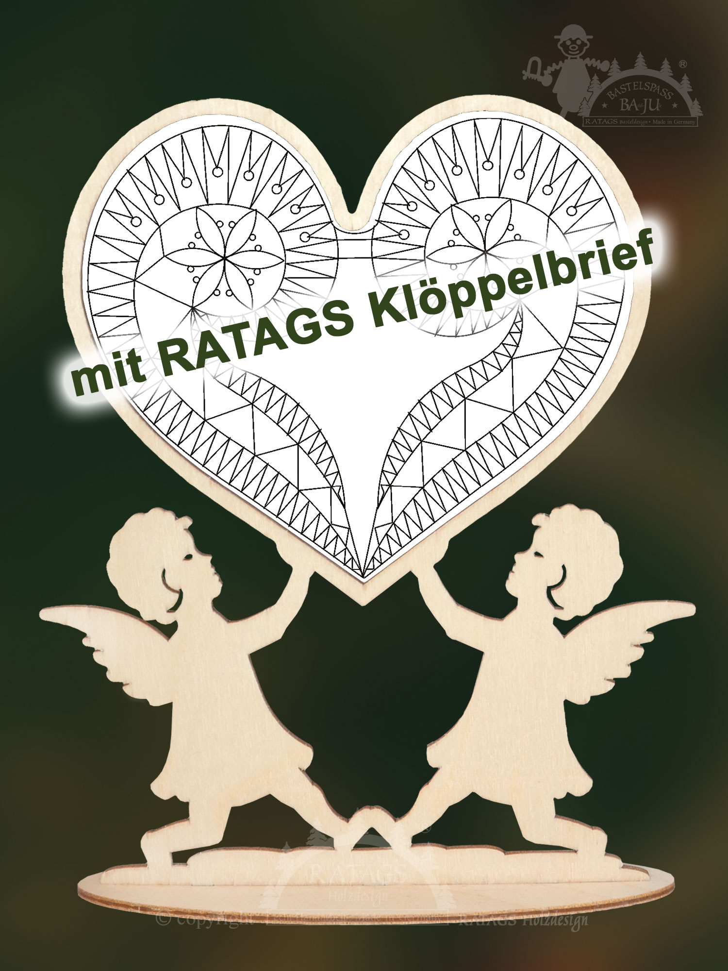 ボビンレースのフレーム、RATAGS のボビンレースの図案付きエンジェルハート