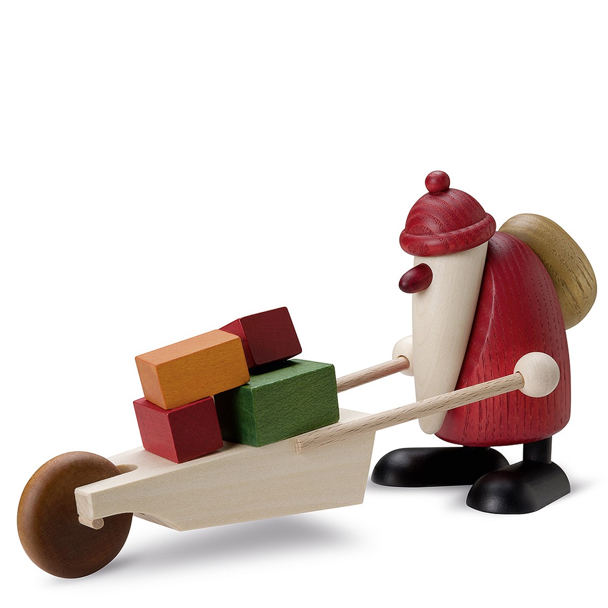 Weihnachtsmann mit Schubkarre und Geschenken