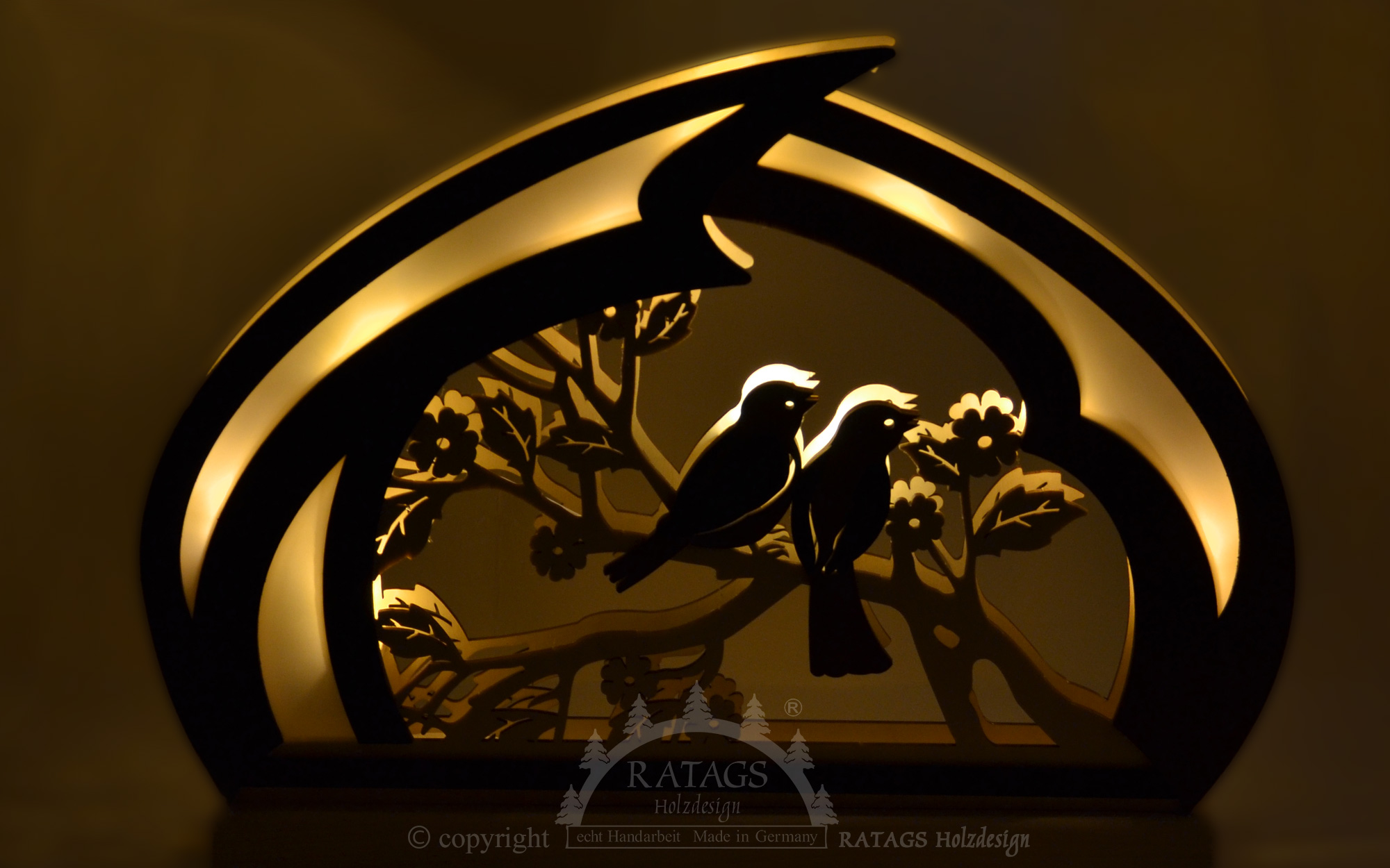 Luminária romântica, passarinhos, pintada à mão, marrom