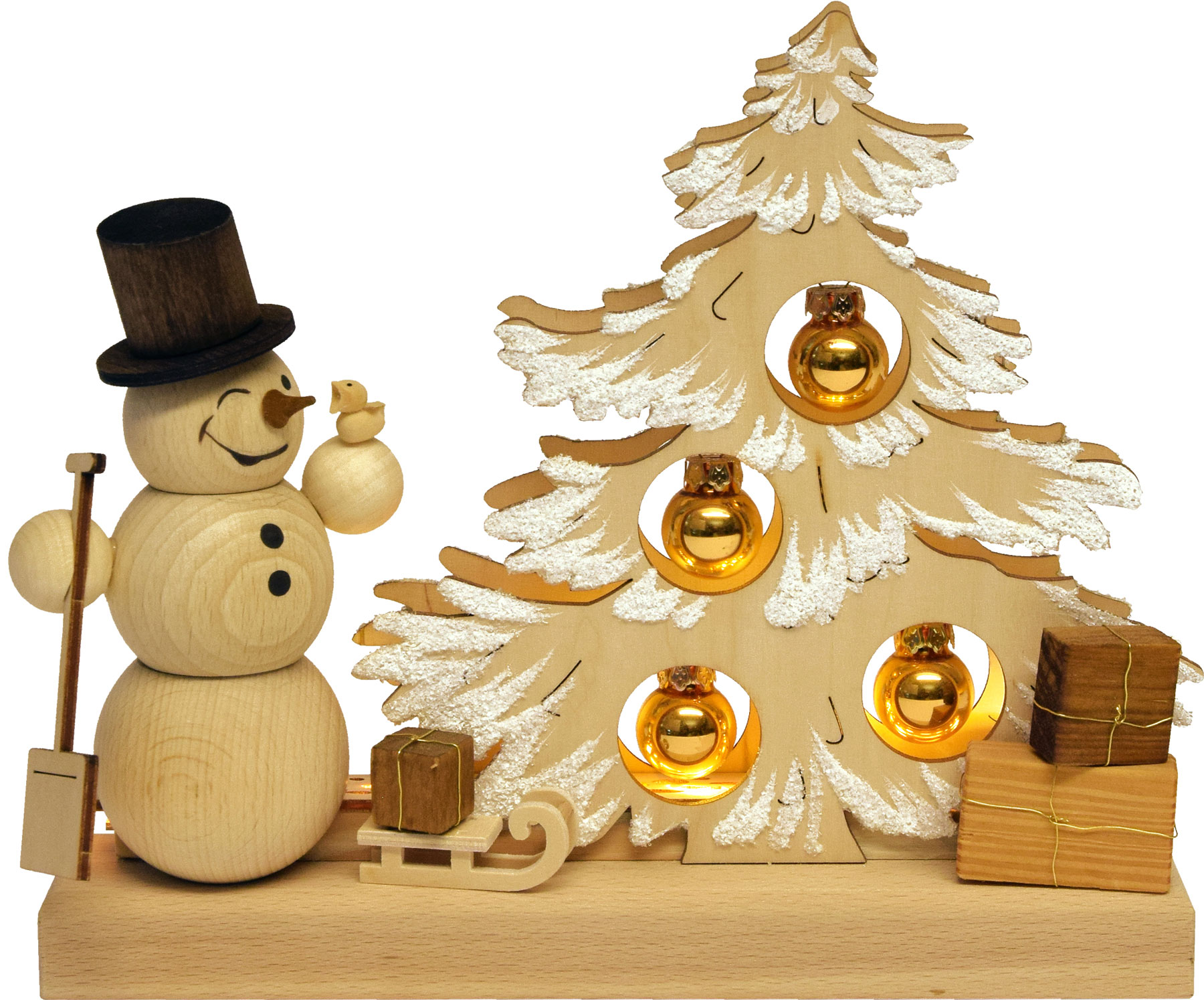 Table decoration Christmas tree, gold hoarfrost baubles, snowman