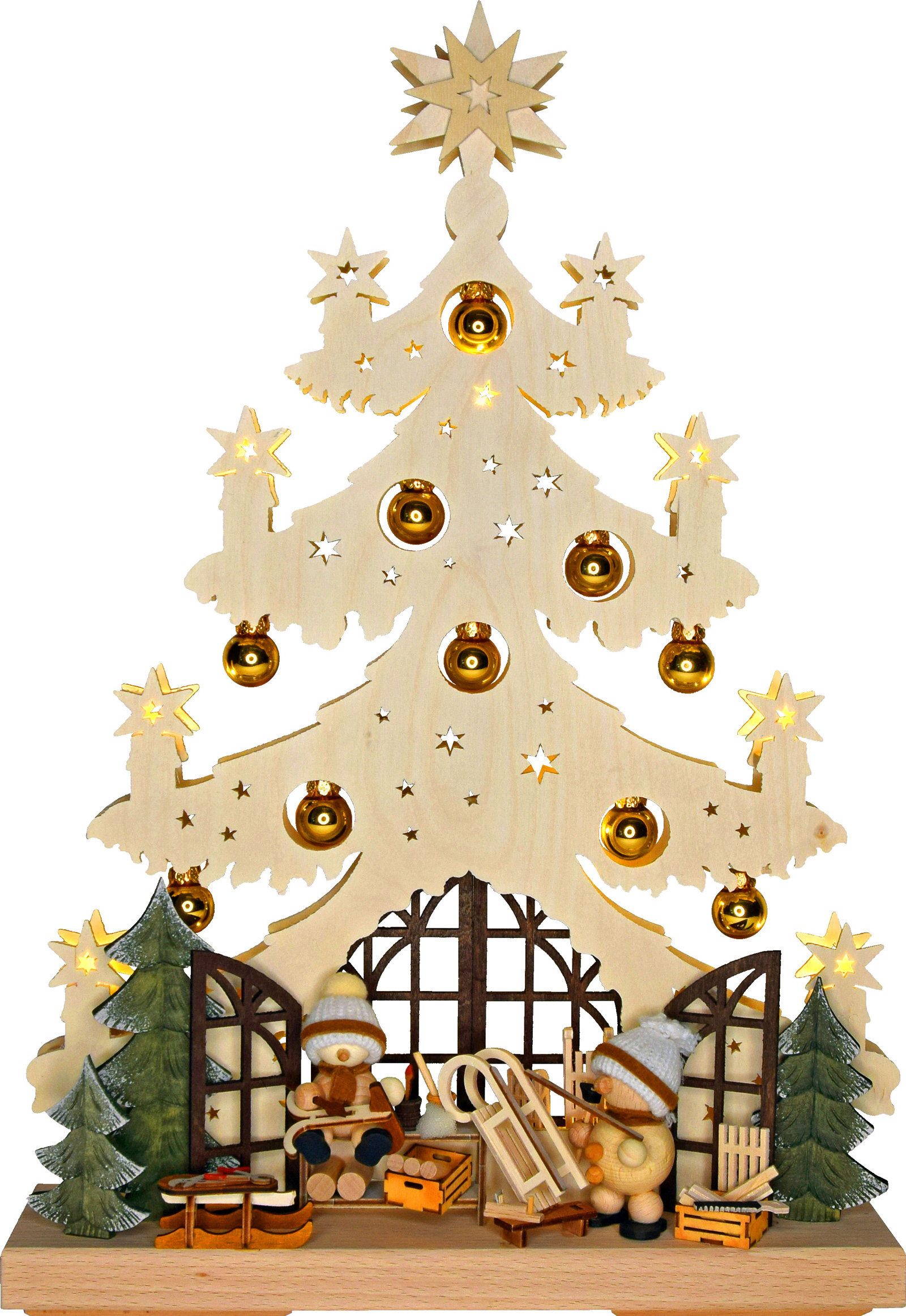 Small fir tree, snowmen in the fir tree room, golden baubles