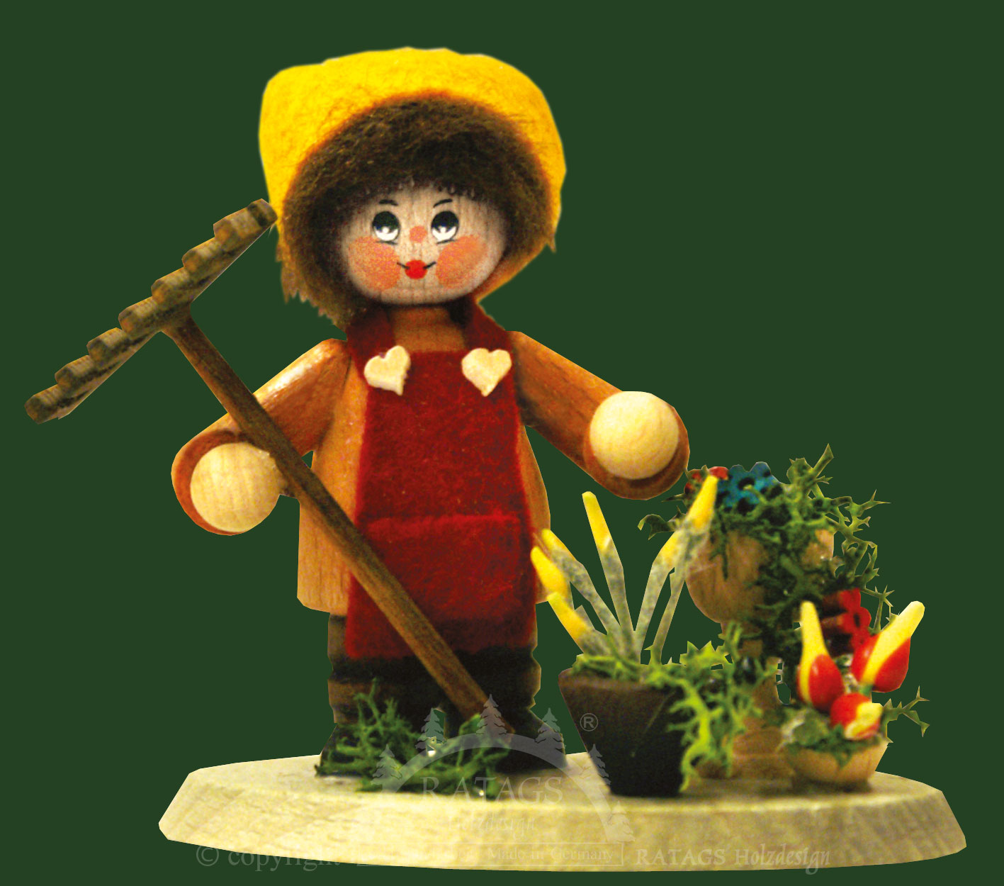 Collector's dolls, girls with rakes and flowers