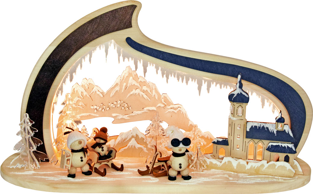 Massivträbåge, liten, bergskyrka med Sno LED-belysning