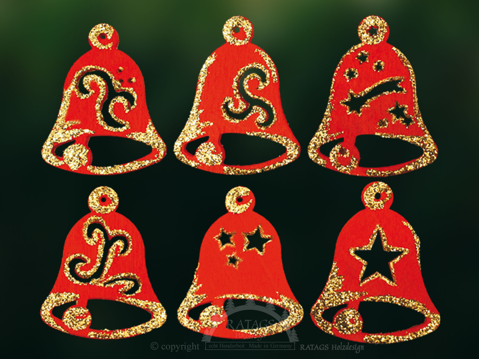 Baumbehang, 6er Set, Glocken, rot-gold
