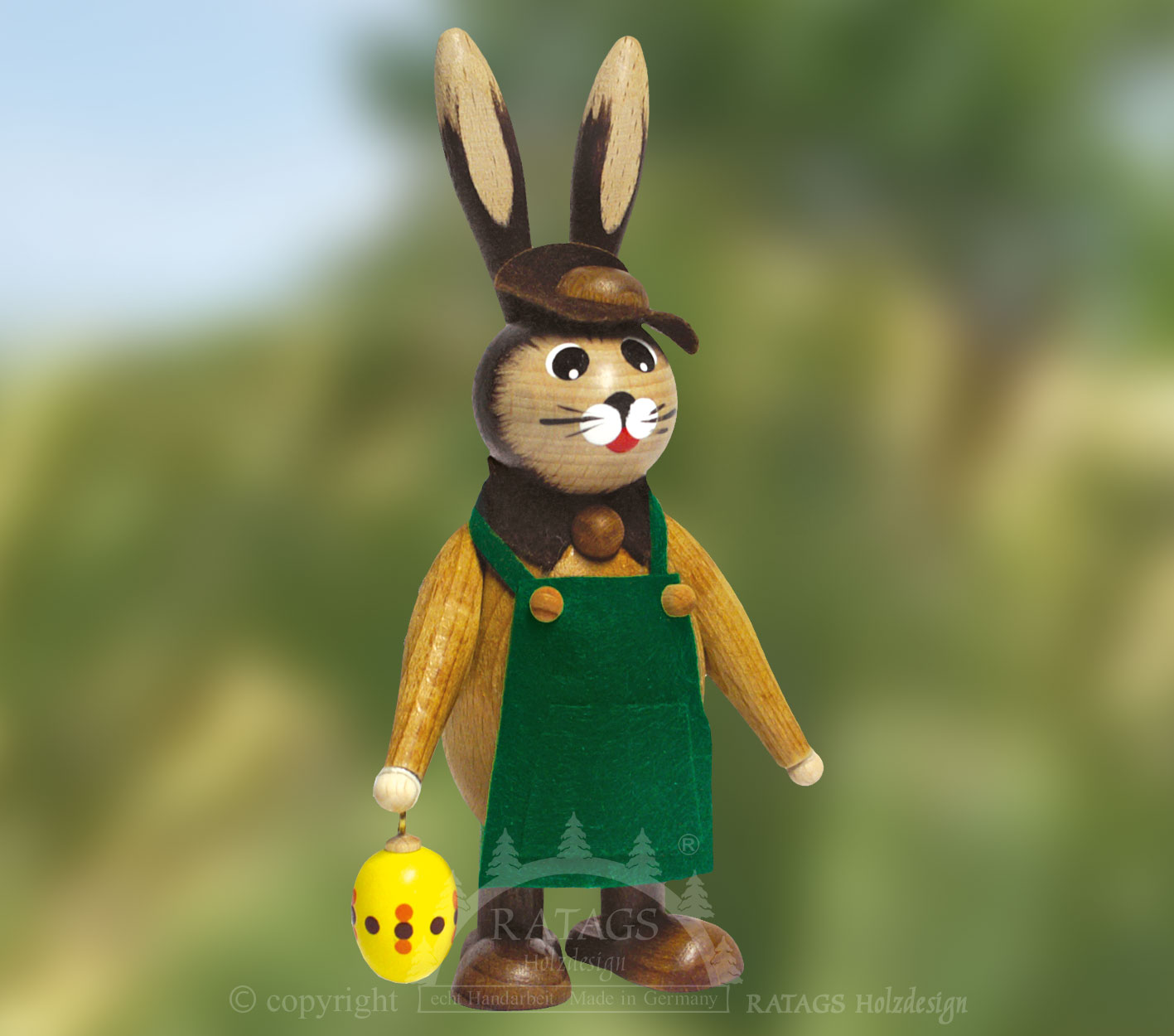 Rabbit man with egg, green apron