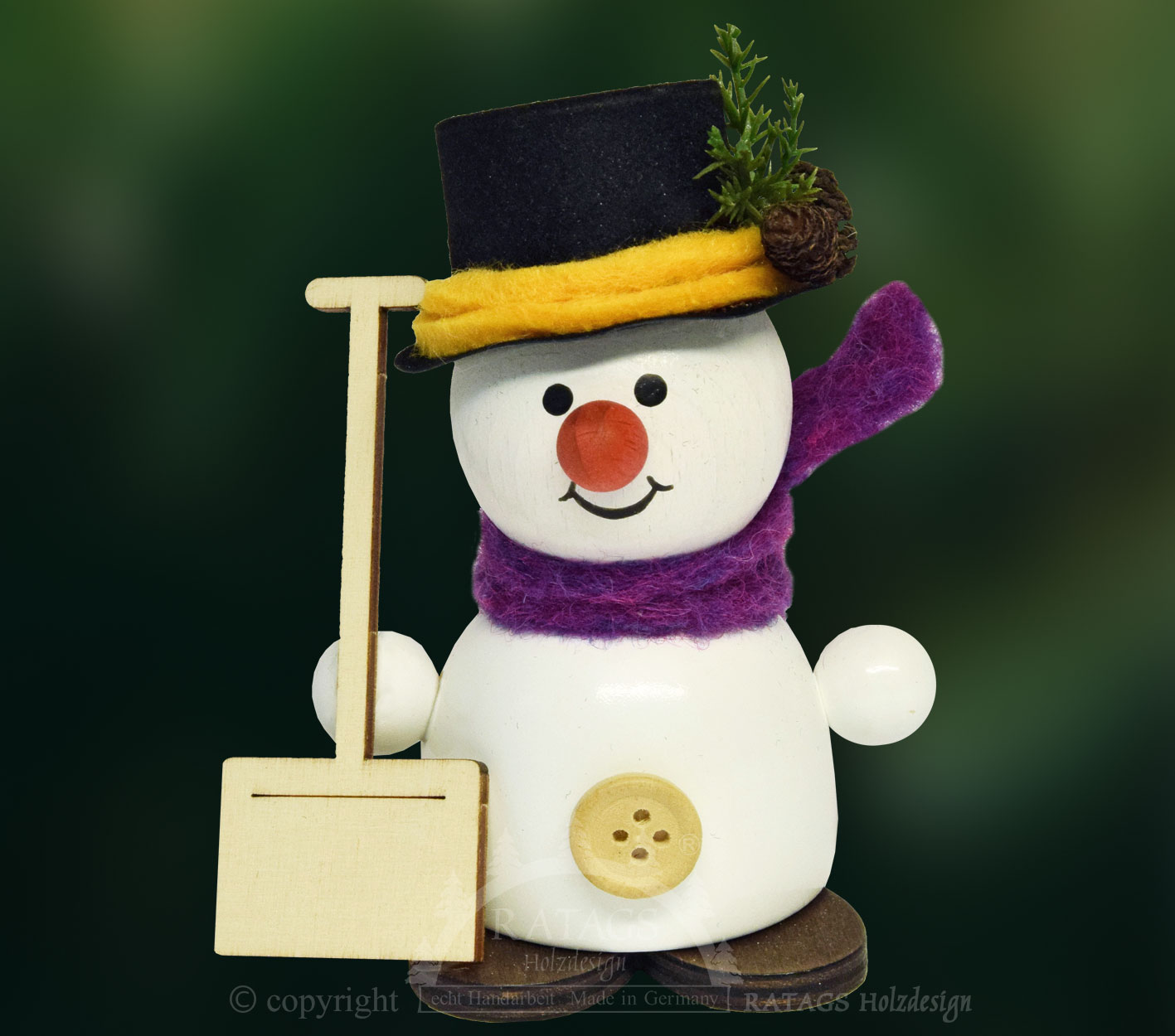 Chubby snowman with snow shovel