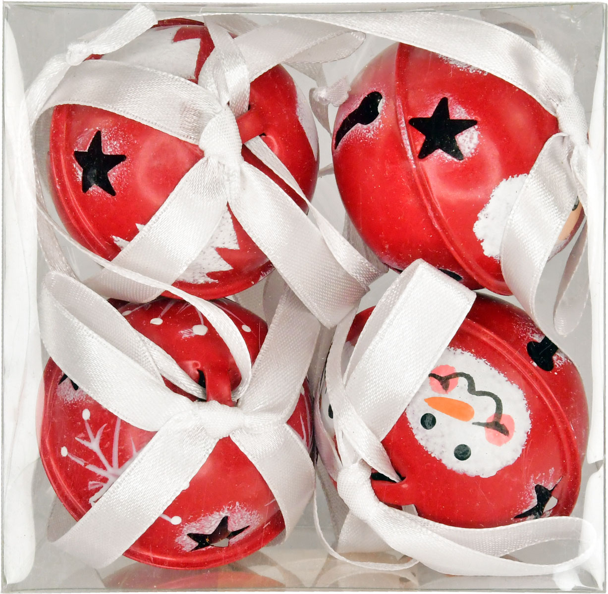 Christmas baubles, red bells, metal, with bow