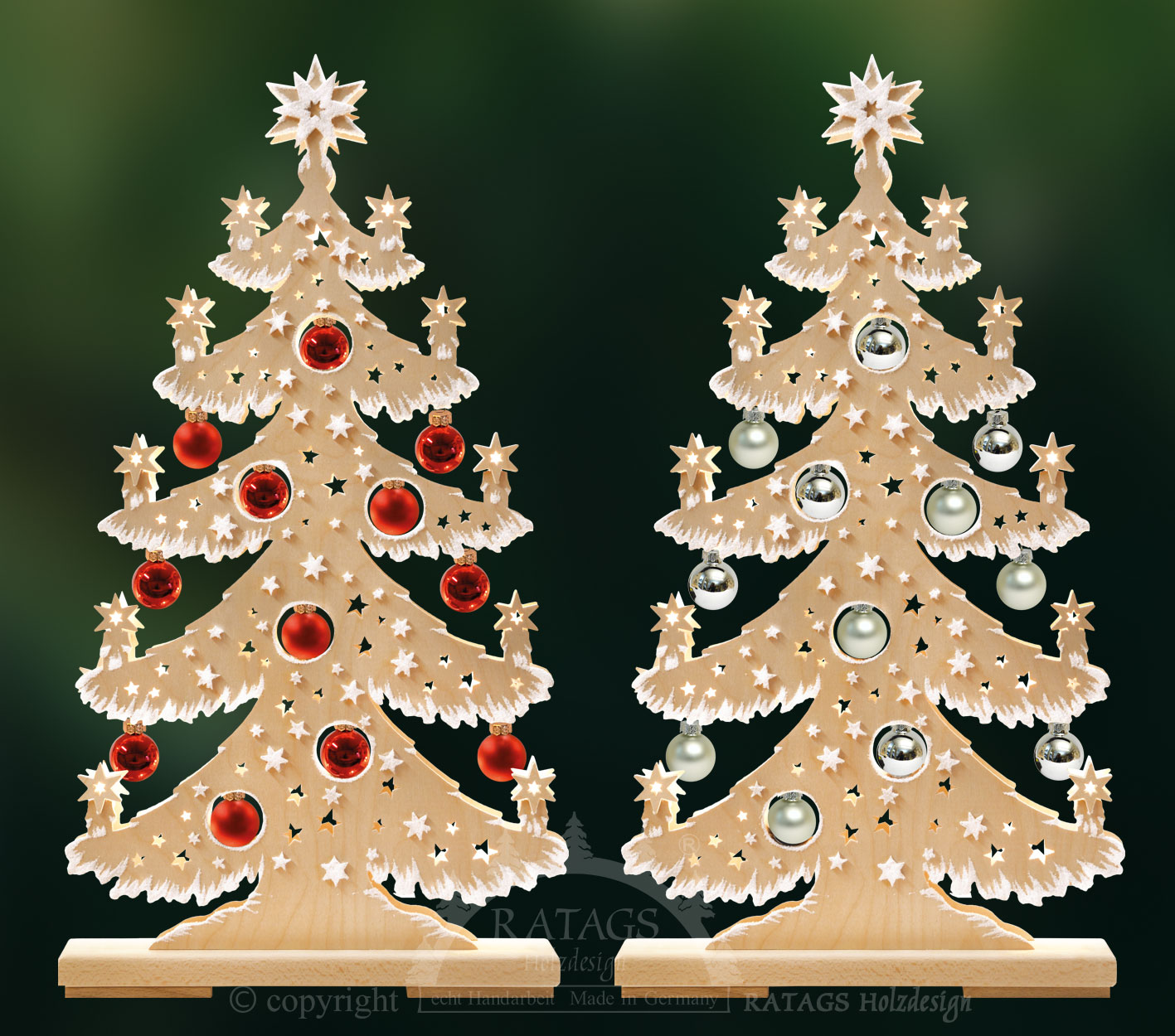 Medium-sized fir tree, set of 2 baubles, red+silver, hoarfrost