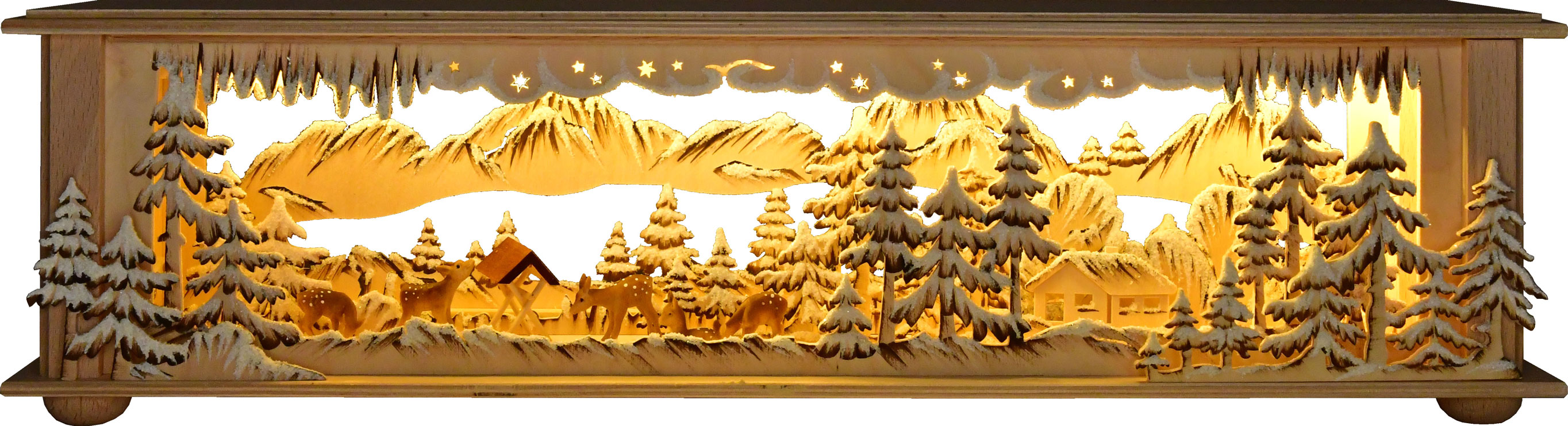 Small room light, forest, feeding trough, with 5 carved deer, brown shading