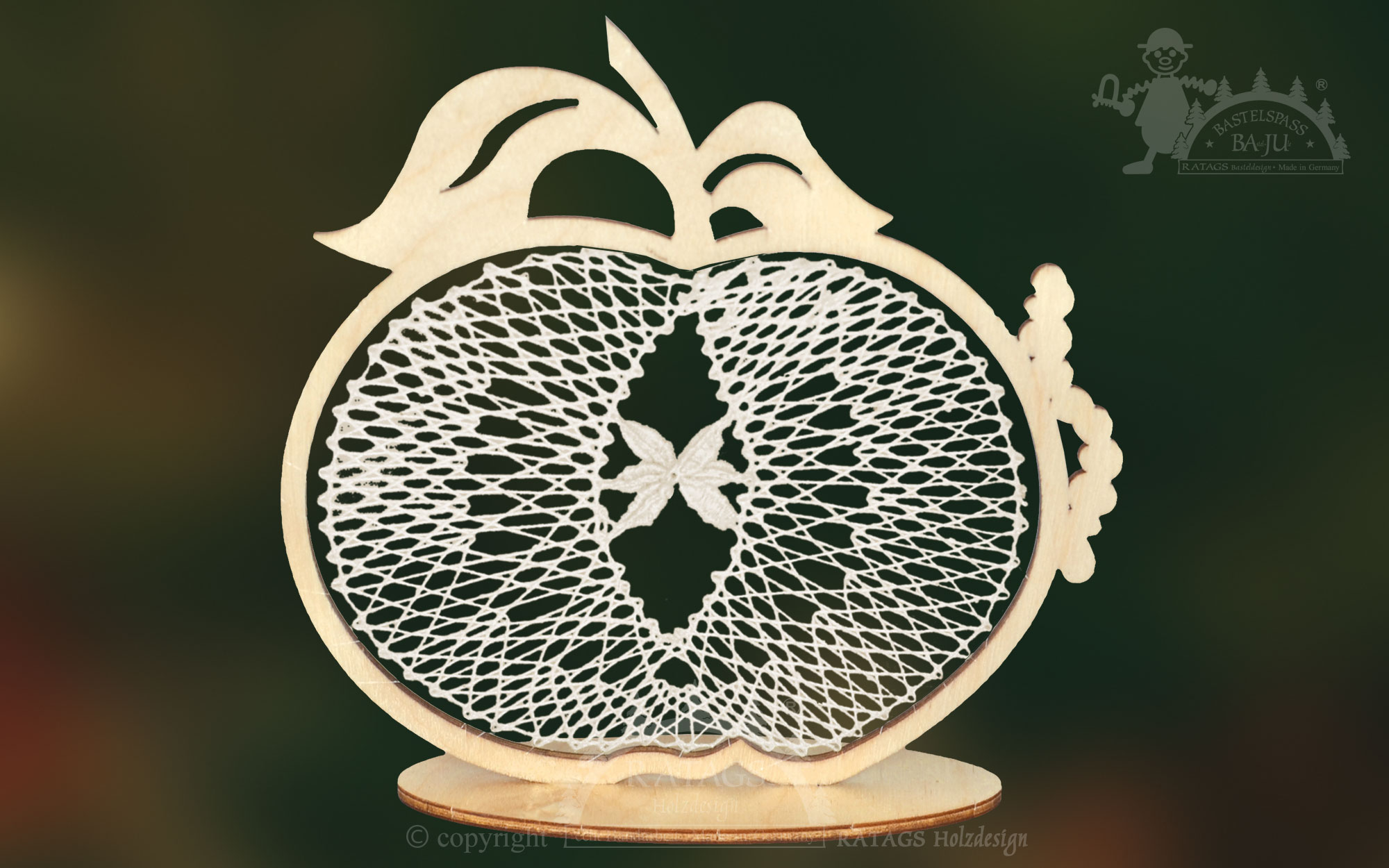 Bobbin lace frame, apple with caterpillar