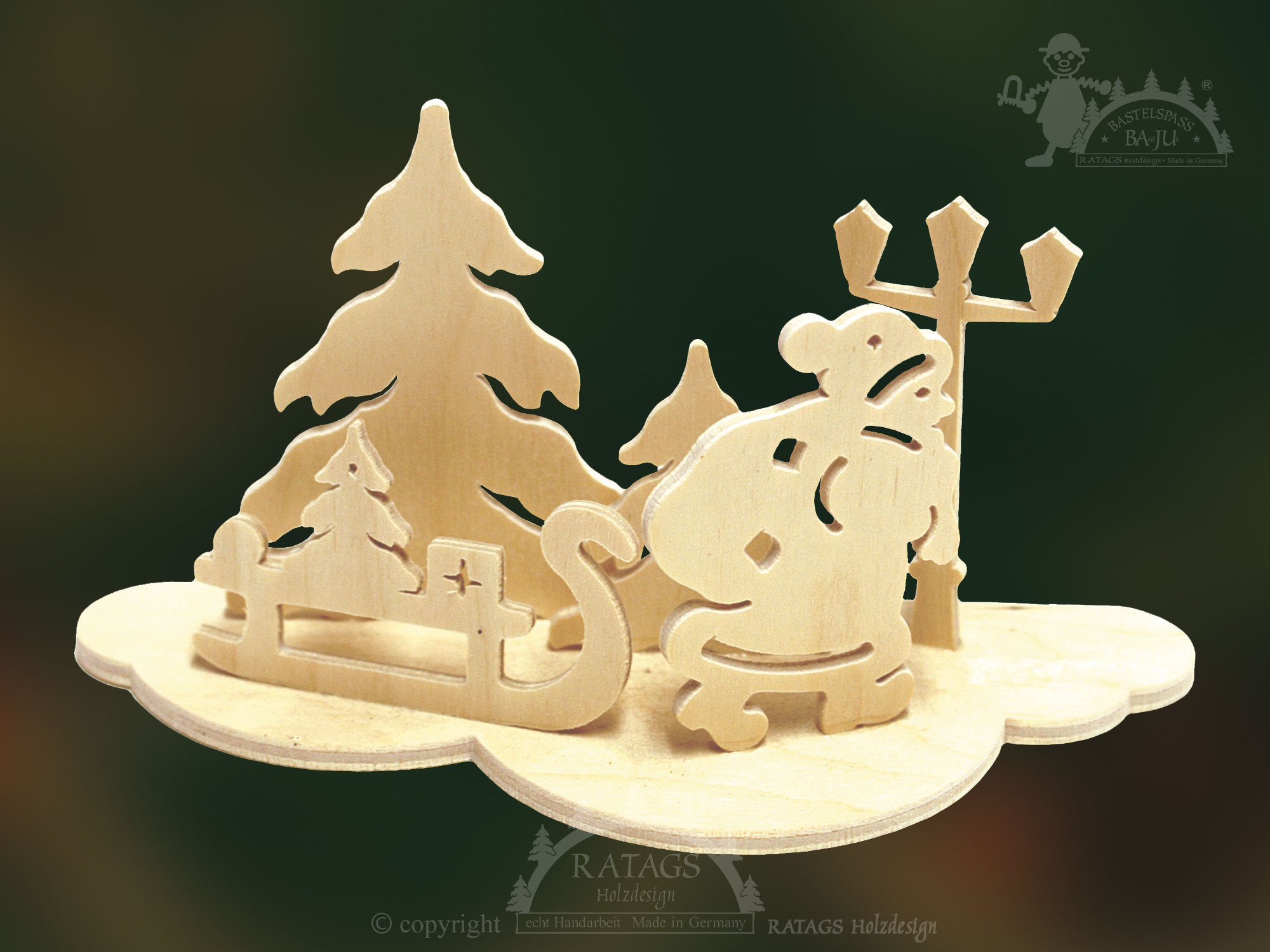 Tischschmuck zum Basteln, Weihnachtsmann Schlitten auf Wolke Tischschmuck zum Basteln, Weihnachtsmann Schlitten auf Wolke