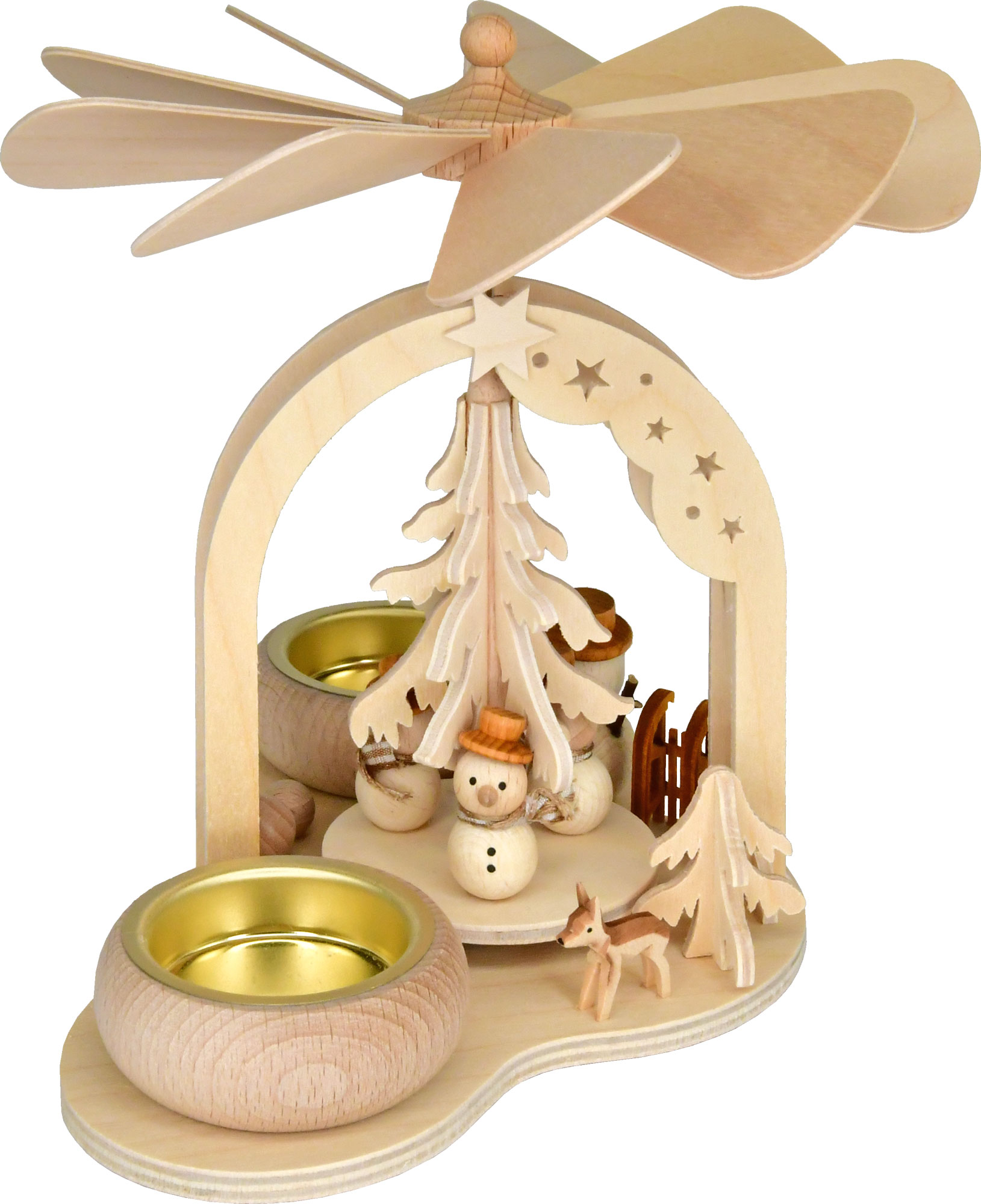 Mini-pyramide, 3 bonhommes de neige, naturel, bougie chauffe-plat