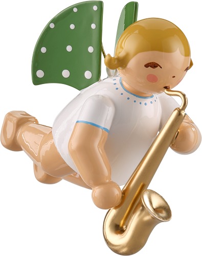 Engel mit Saxofon, schwebend blondes Haar