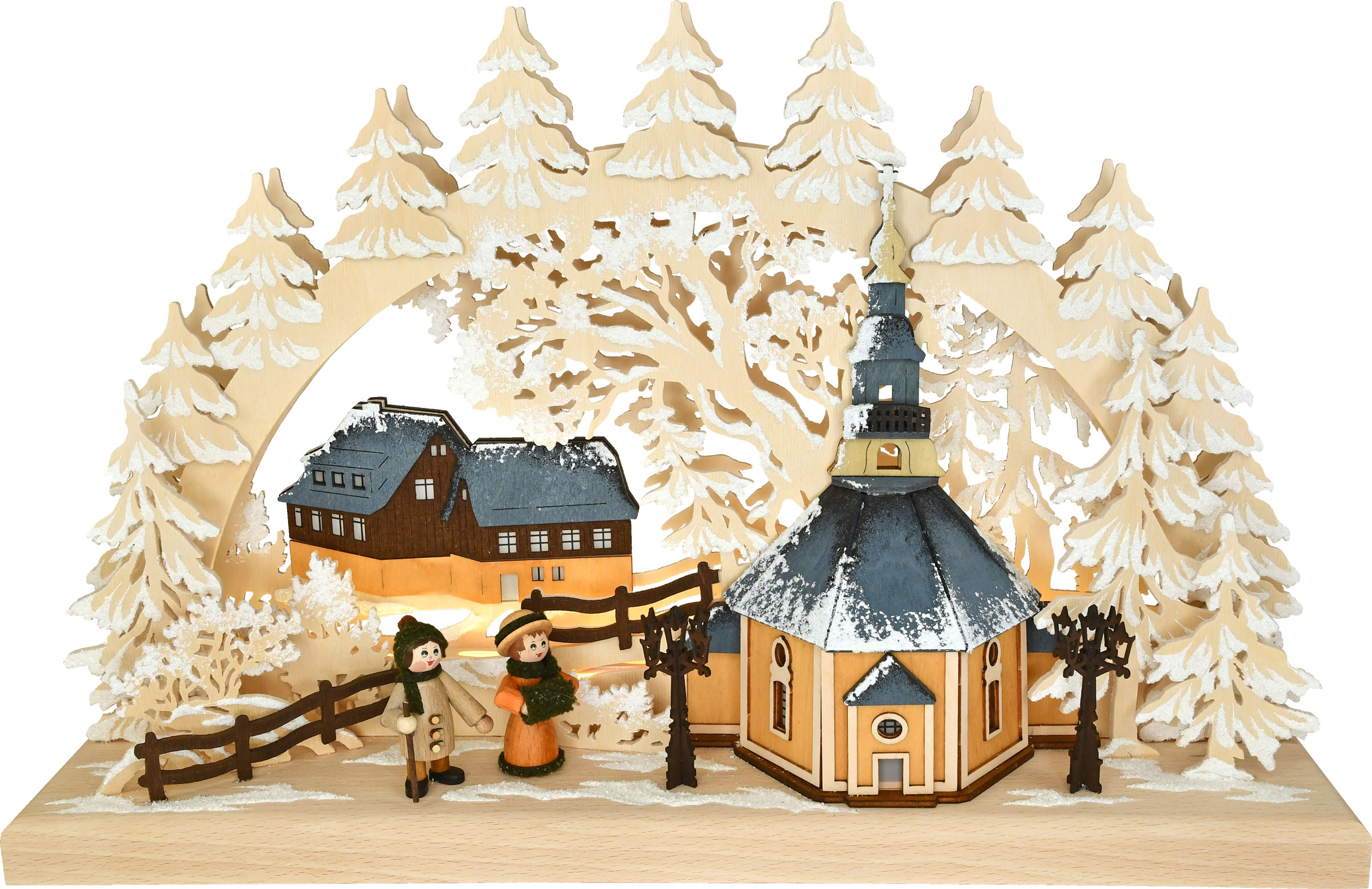 Small 3D LED Schwibbogen, village of Seiffen with church, LED strip