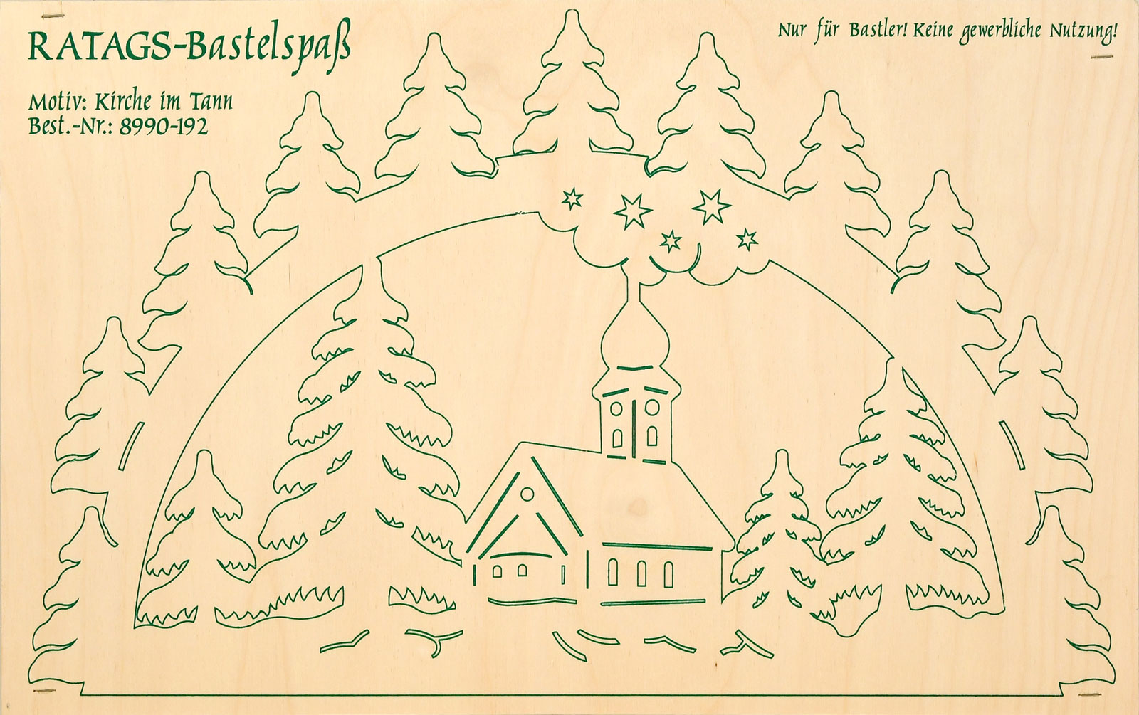 2 motif plywood panels, self-sawing Schwibbogen, small, church in fir trees