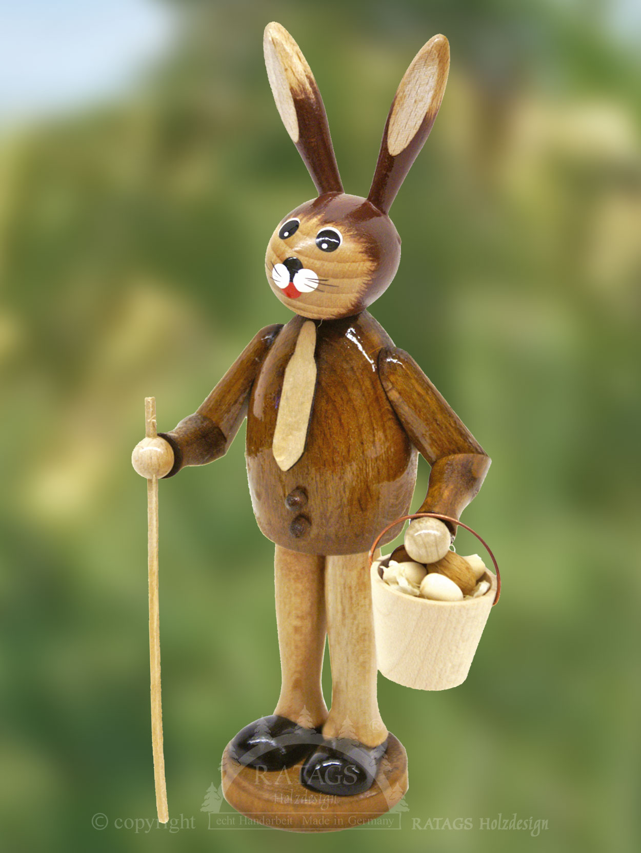 Rabbit man with egg bucket, stick and egg