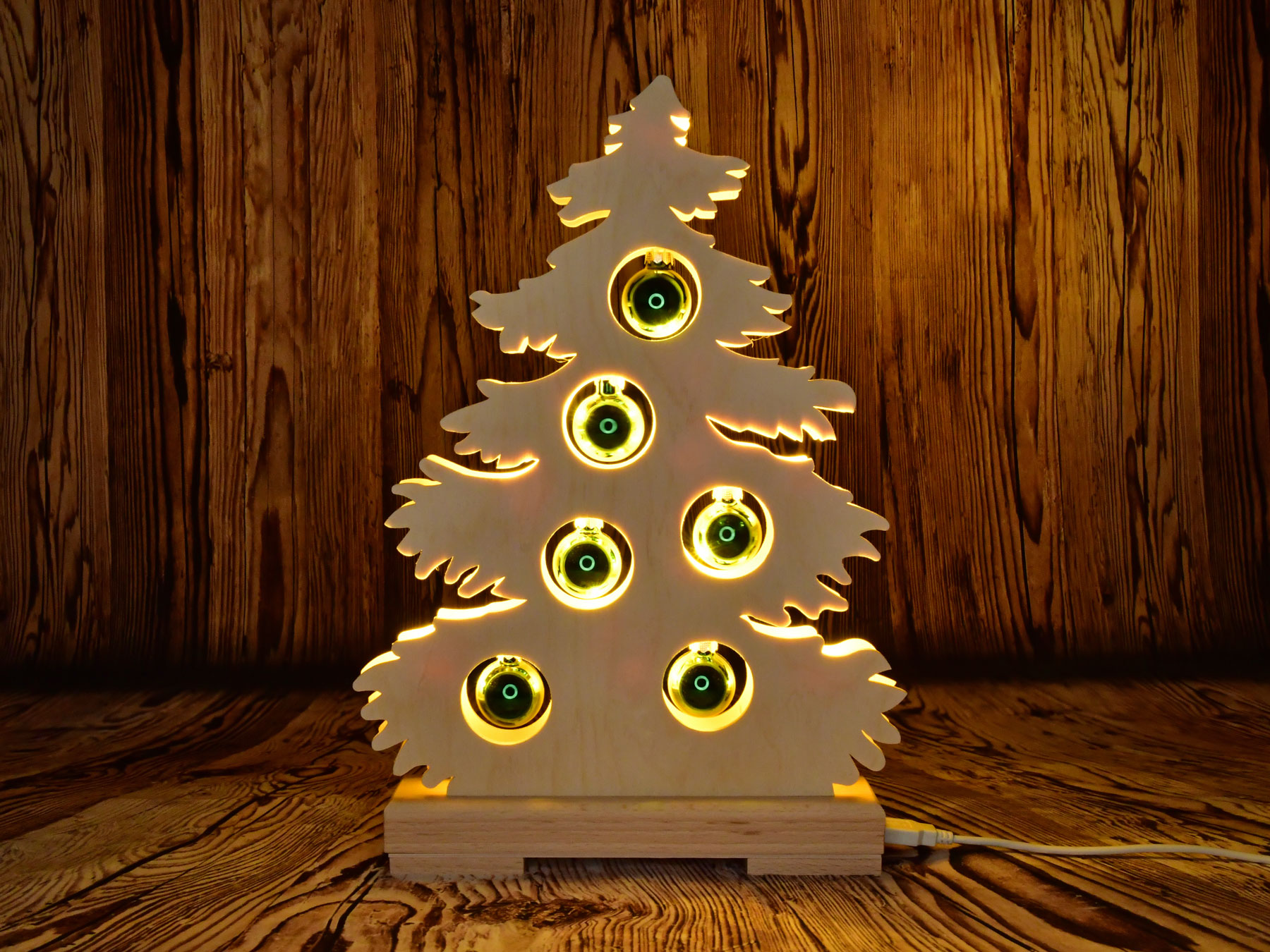 Sapin petit, naturel, boules vertes, USB intégré