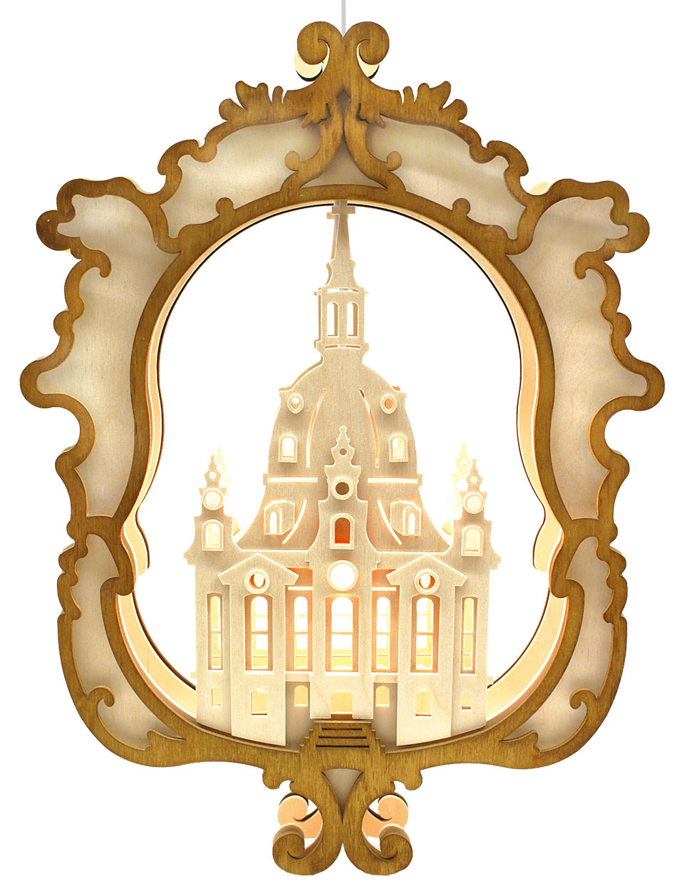 Fensterbild, beleuchtet, Frauenkirche Dresden, gebeizt