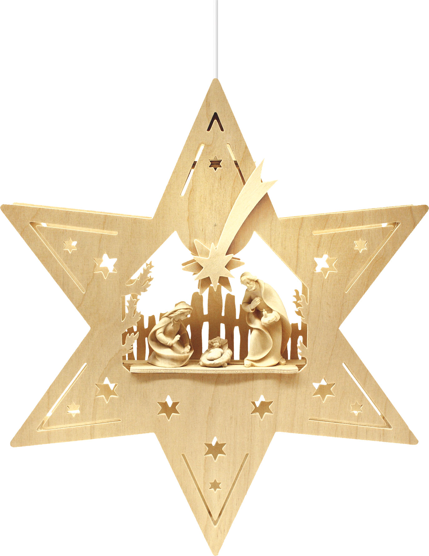 Fensterbild, beleuchtet, Stern, mit Heiliger Familie natur