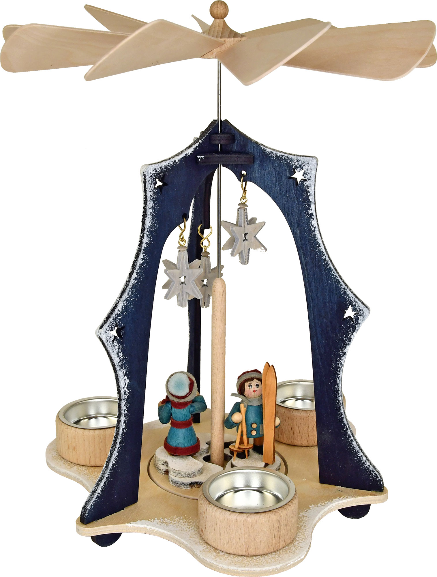 Blue triangular pyramid with 2 figures and stars