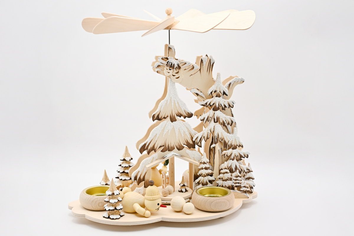 Fir tree pyramid, snowmen, hand-painted brown, hoarfrost