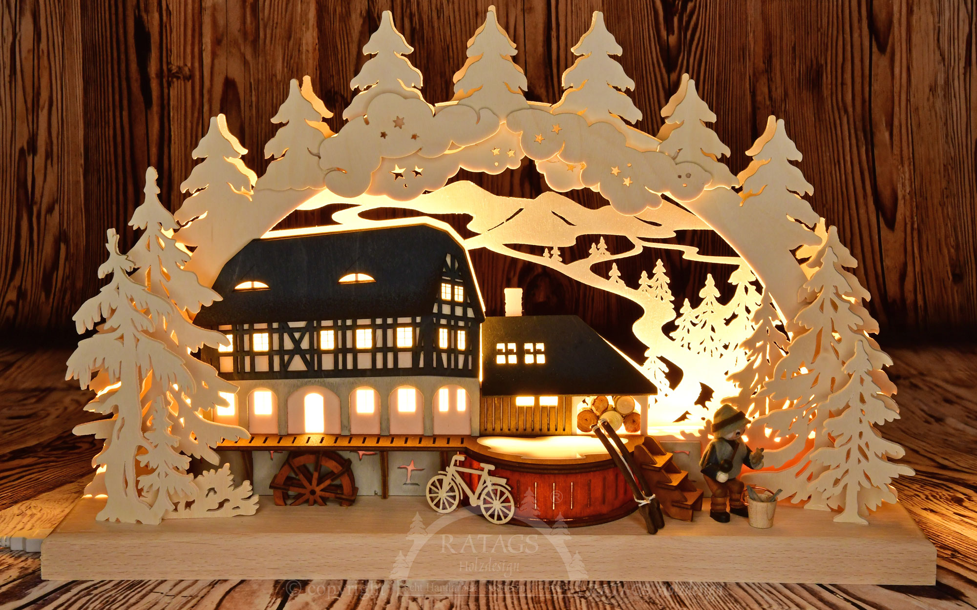 3D LED candle arch, small, mill with ice fisherman, LED strip, fully USB