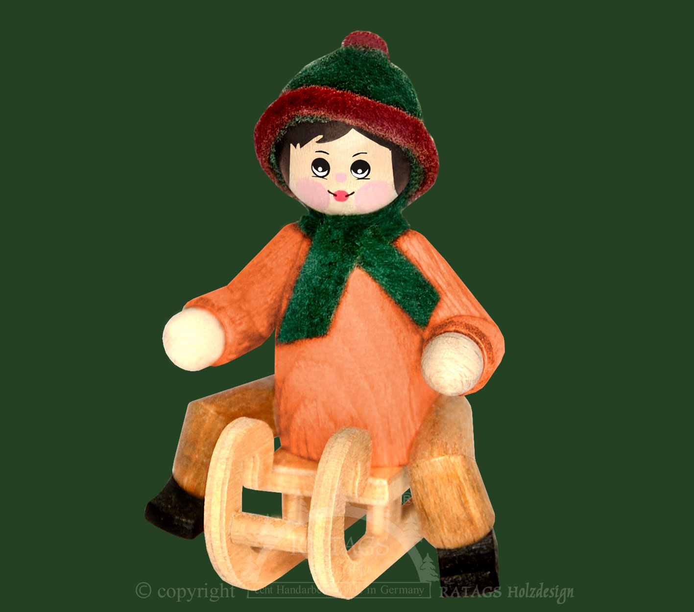 Figur, Schlittenfahrer sitzend, orange, grün-rot