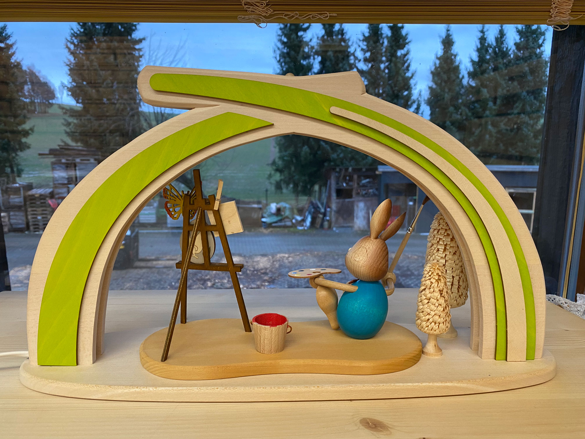 Solid wood Easter arch, Stupsi with easel, green, LED strip, half USB