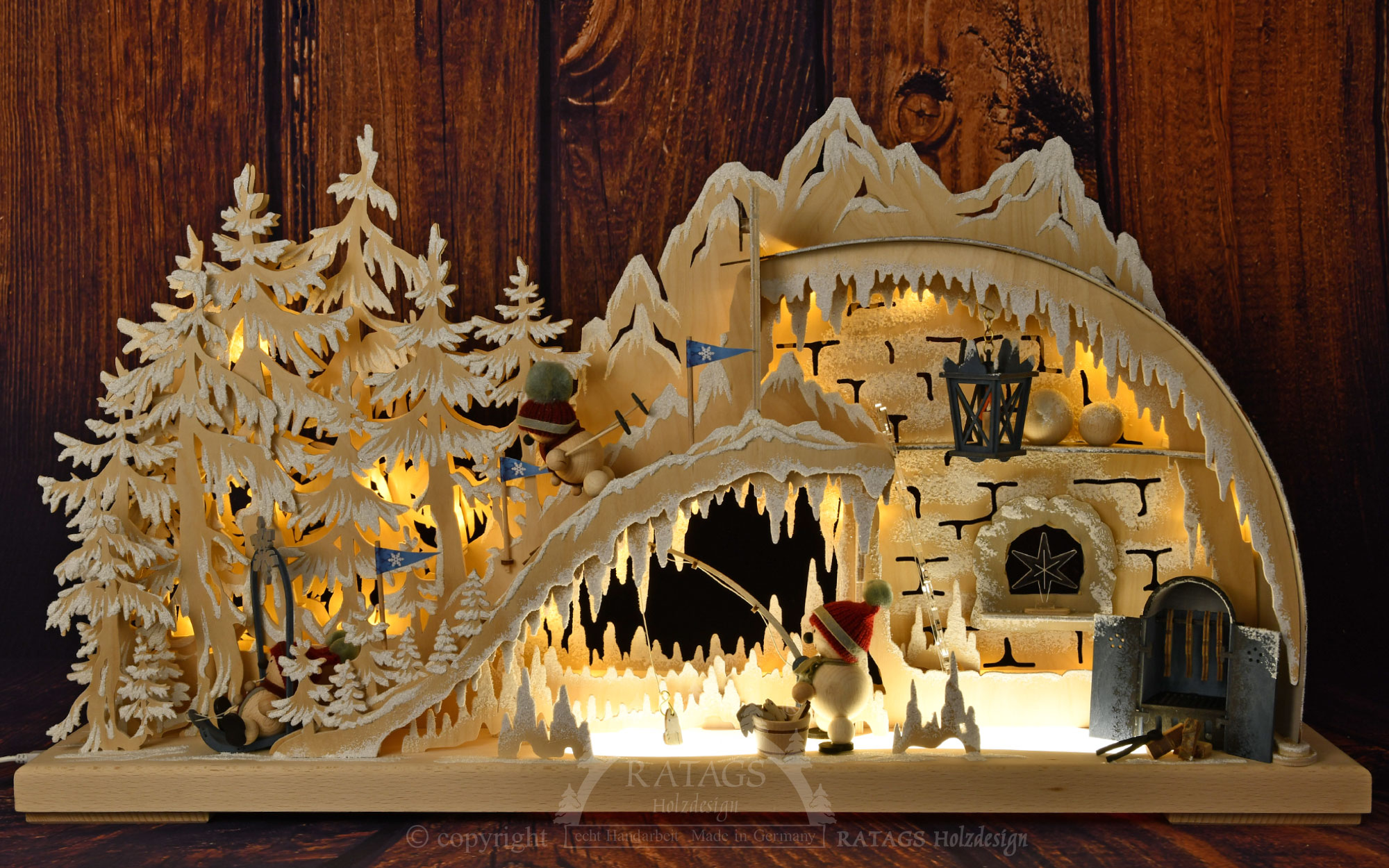 3D-Schwibbogen gr., Iglu, rot Mützen Schneemänner rot Mützen, Raureif