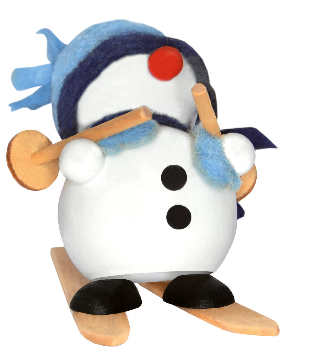 Schneemann auf Ski, blaue Mütze