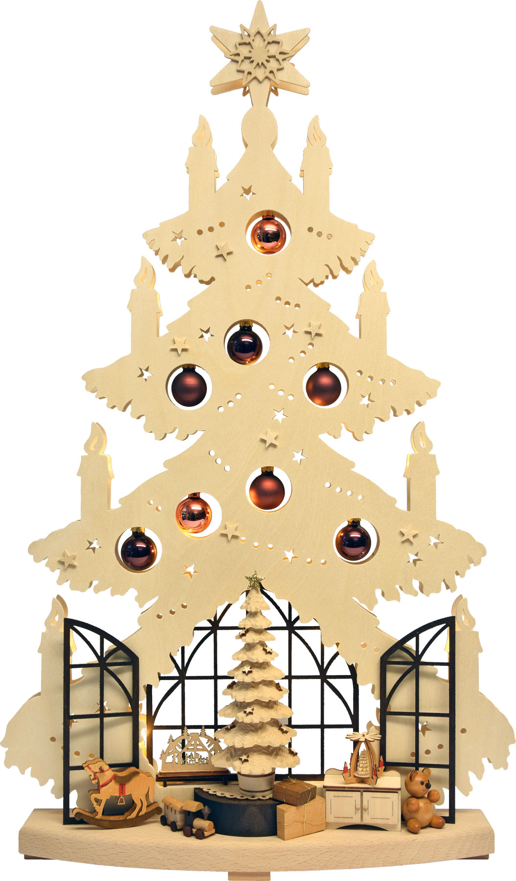 Tanne groß, Weihnachtsstube mit Kugeln, Kupfer, glänzend