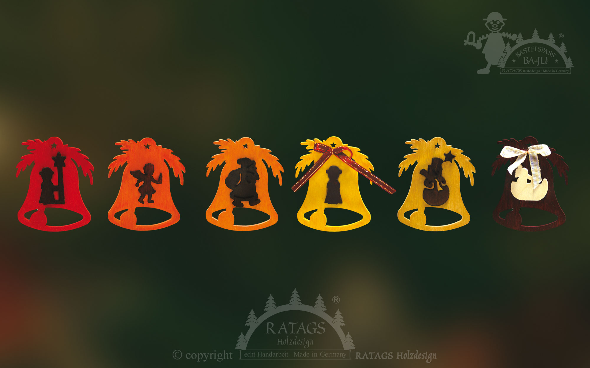 Tree decorations for crafting, set of 6, bells, for designing