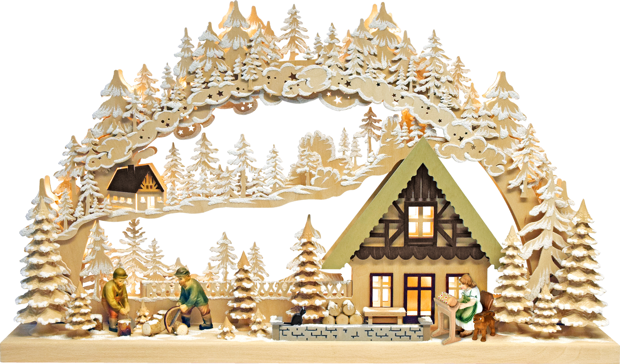 Large 3D Schwibbogen, woodcutter, carved figures, hoarfrost