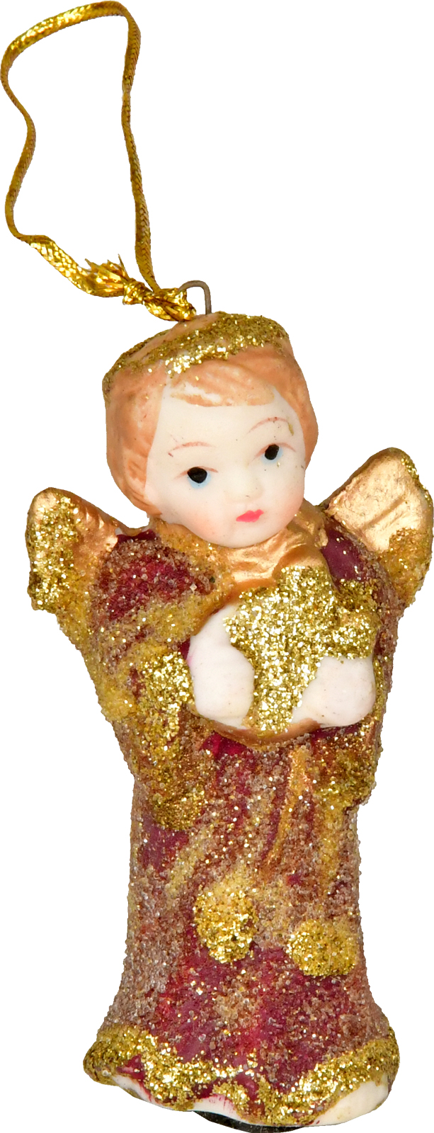 Ceramic angel, mini, with lyre, for hanging or sticking, wine red/gold, glitter