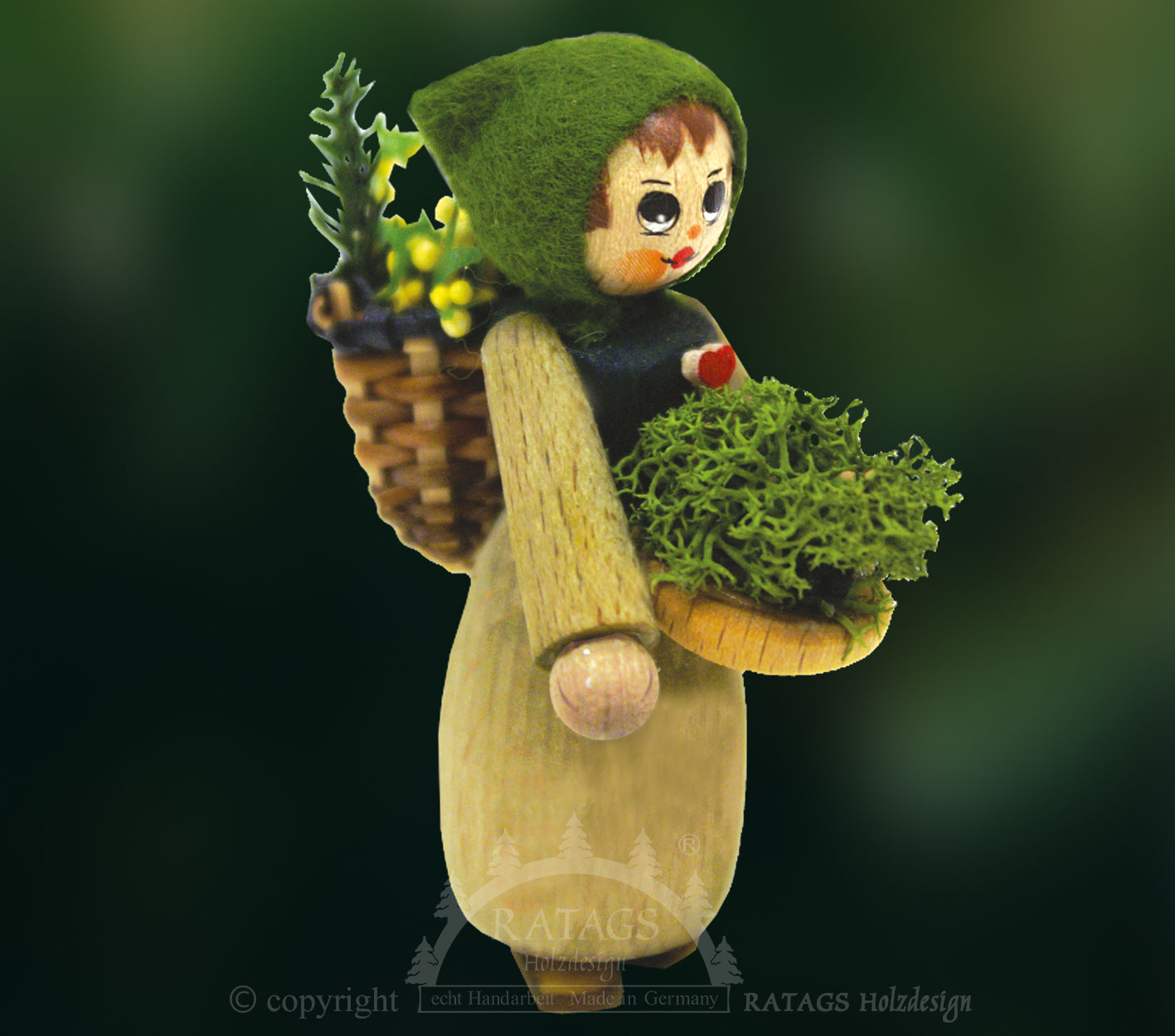 Figure, moss woman with bowl and basket, coloured