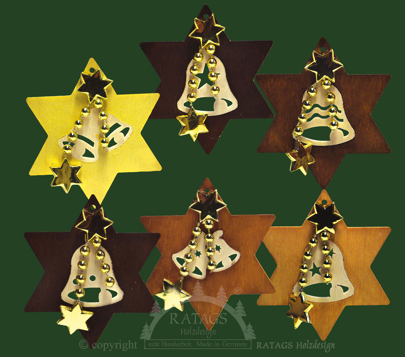 Tree decorations, set of 6, inlaid stars
