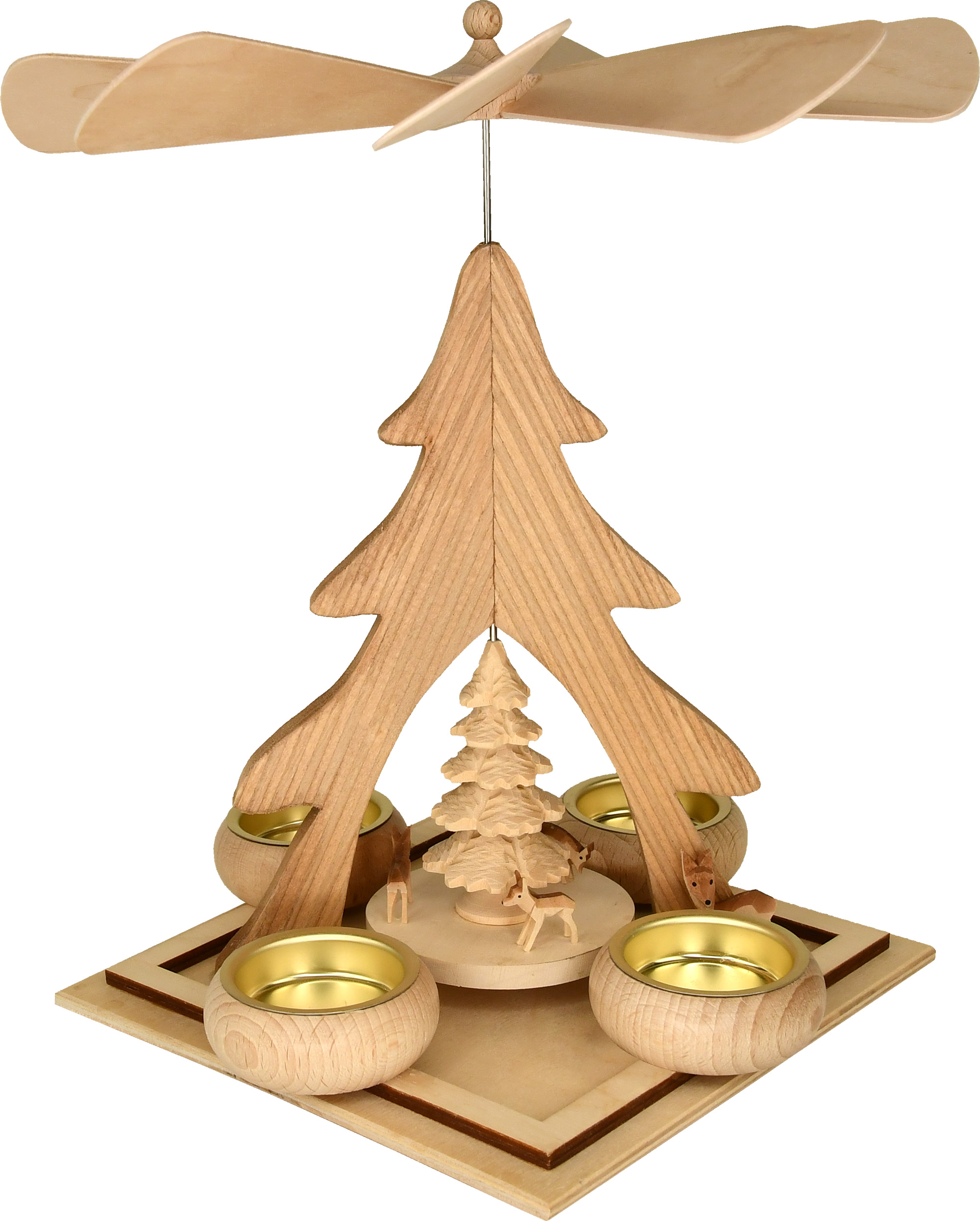 Solid wood pyramid, square, tree with 4 deer, 4 tea lights
