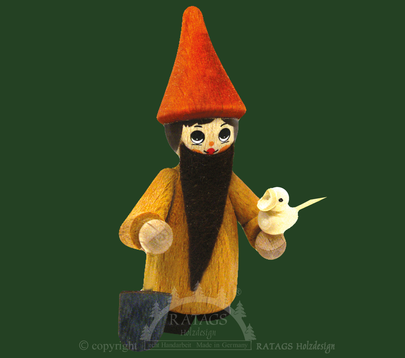 Figur, Zwerg mit Spaten, Vogel