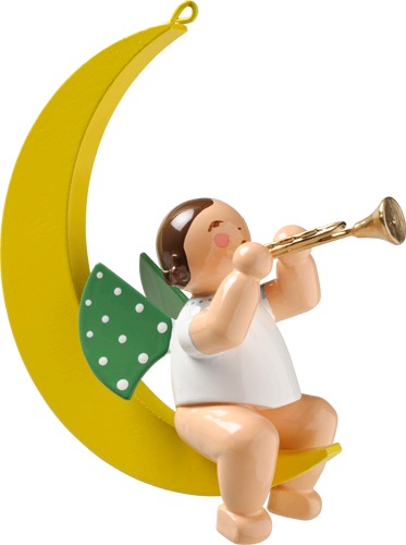 Engel mit Trompete, im Mond dunkles Haar